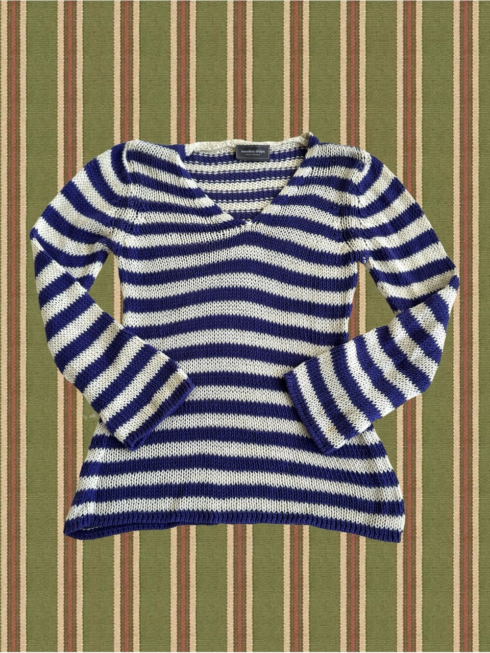 Wooden Ships Purple and White Striped V-Neck Sweater